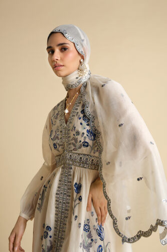Aditha Embroidered Mul Stole - Blue & White, White, image 1